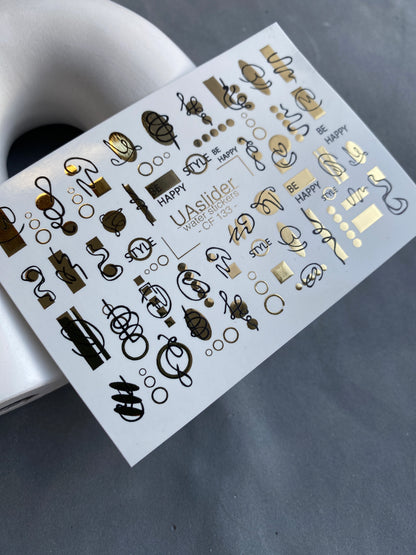 Nail Water Decal CF-133 Water Slide Nail Decals | Abstract Geometric Lines & Gold Accents