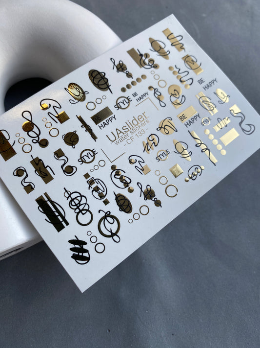 Nail Water Decal CF-133 Water Slide Nail Decals | Abstract Geometric Lines & Gold Accents