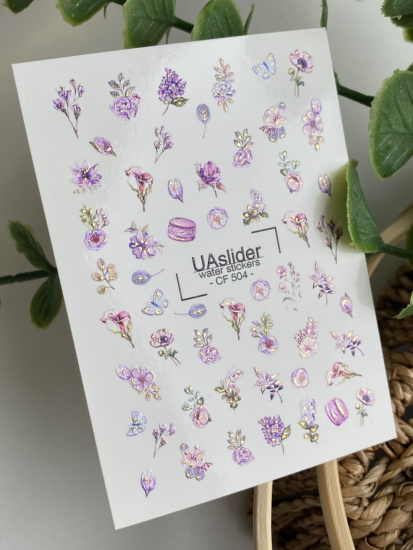 Nail Water Decal CF-504 | Water Slide Nail Decals with Purple Flowers & Butterflies | Romantic Floral Nail Art