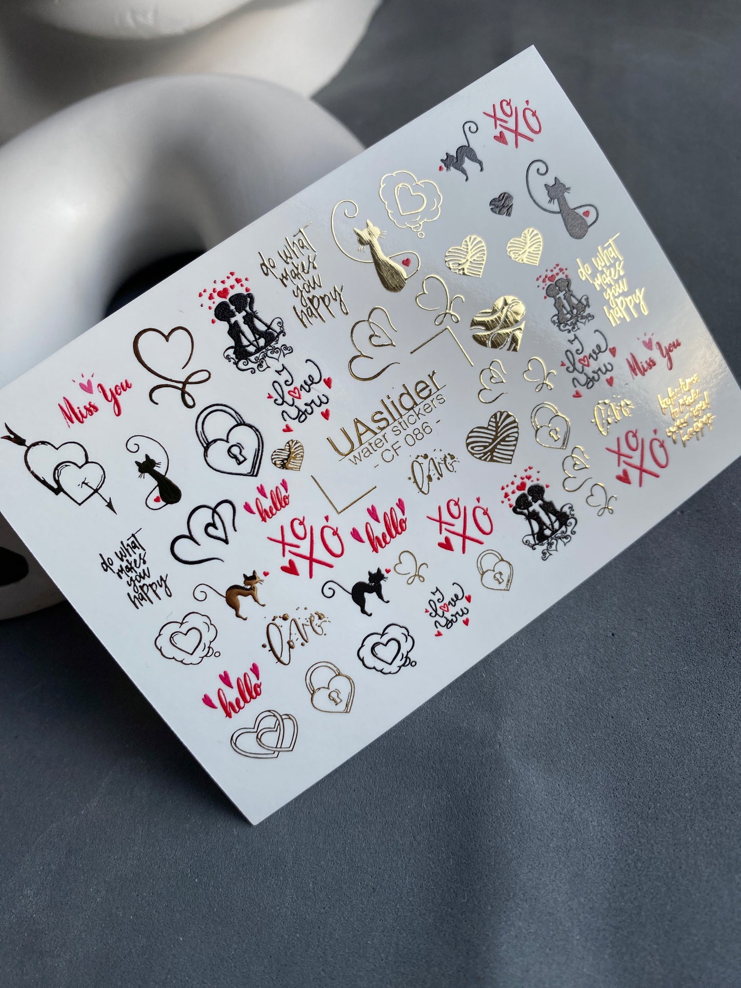 Nail Water Decal CF-086 | Romantic Cats & Love Symbols Water Slide Nail Decals | Hearts, Locks & Quotes