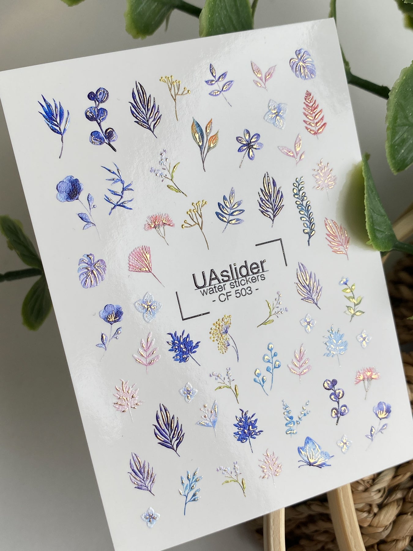 Nálepka na nehty CF-503 | Vodní nálepky na nehty s modrými květy a botanickými listy | Minimalistické květinové nehtové umění