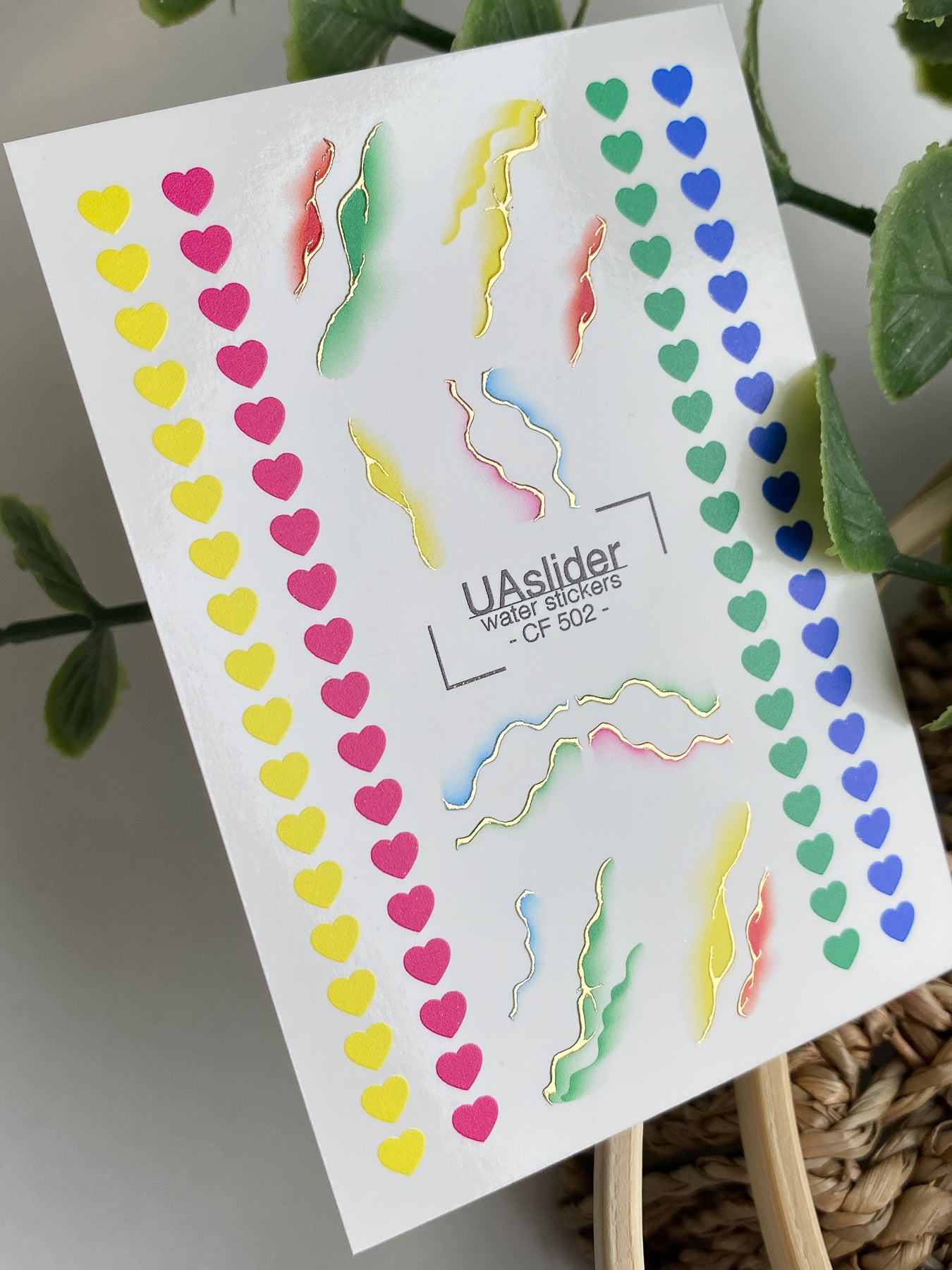 Nail Water Decal CF-502 | Water Slide Nail Decals with Rainbow Hearts & Abstract Lines | Colorful Nail Art - UASLIDER