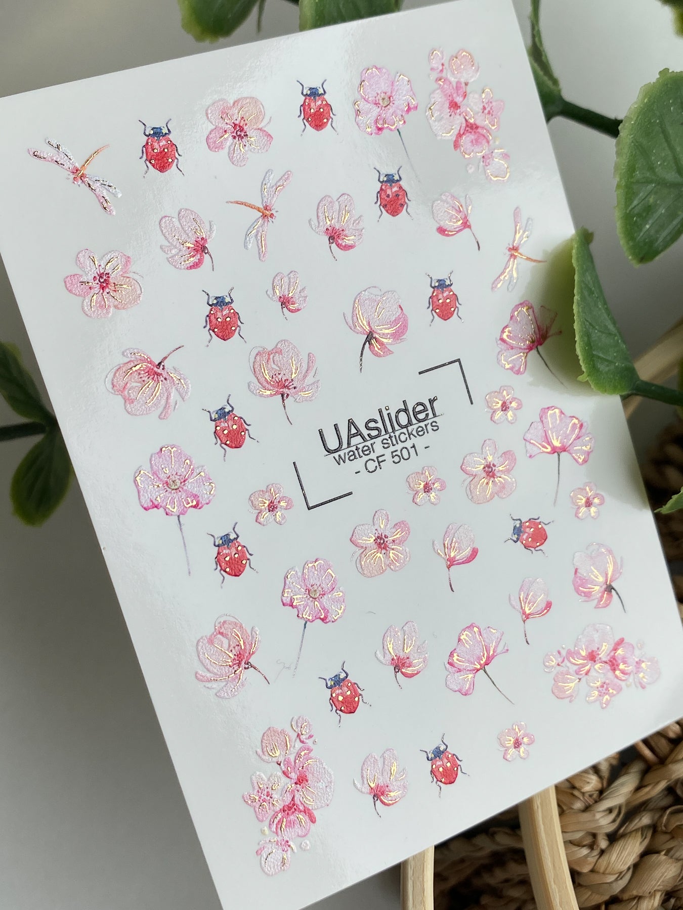 Nail Water Decal CF-501 | Water Slide Nail Decals with Flowers & Ladybugs | Spring Nail Art