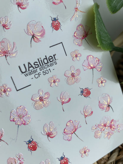 Nail Water Decal CF-501 | Water Slide Nail Decals with Flowers & Ladybugs | Spring Nail Art