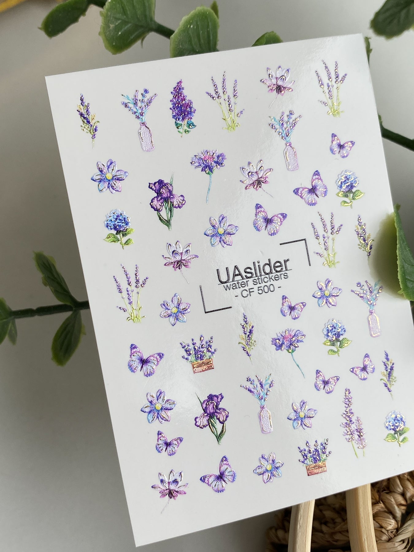 Nail Water Decal CF-500 | Lavender & Butterfly Nail Water Decals | Purple Floral Nail Stickers CF-500