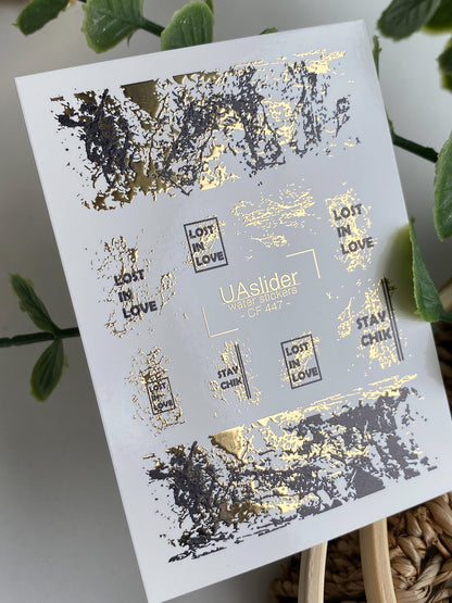 Nail Water Decal CF-447 | Abstract Water Slide Nail Decals | Black & Gold Foil with Quotes