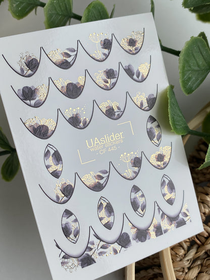 Nagų vandens lipdukas CF-445 | Gėlių vandens slankiojo nagų lipdukai | Juodos gėlės su auksinėmis prancūziškomis galiukėmis