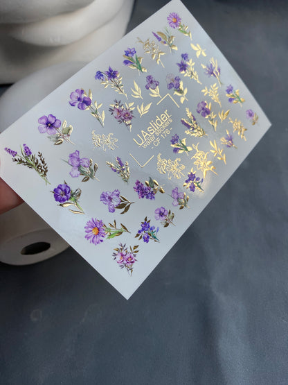 Nail Water Decal CF-176 | Purple Wildflower Nail Water Decals | Elegant Bouquets with Golden Accents  UA Title