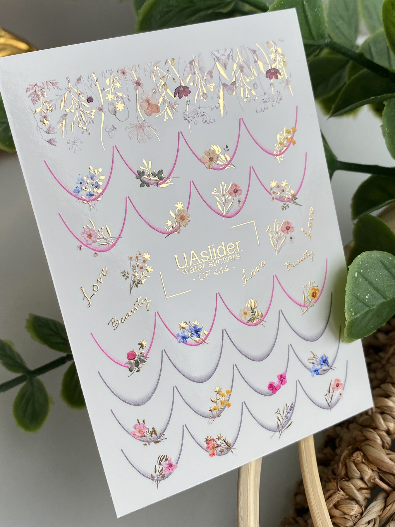 Nail Water Decal CF-444 | Floral Water Slide Nail Decals | French Tips with Gold Accents & Quotes