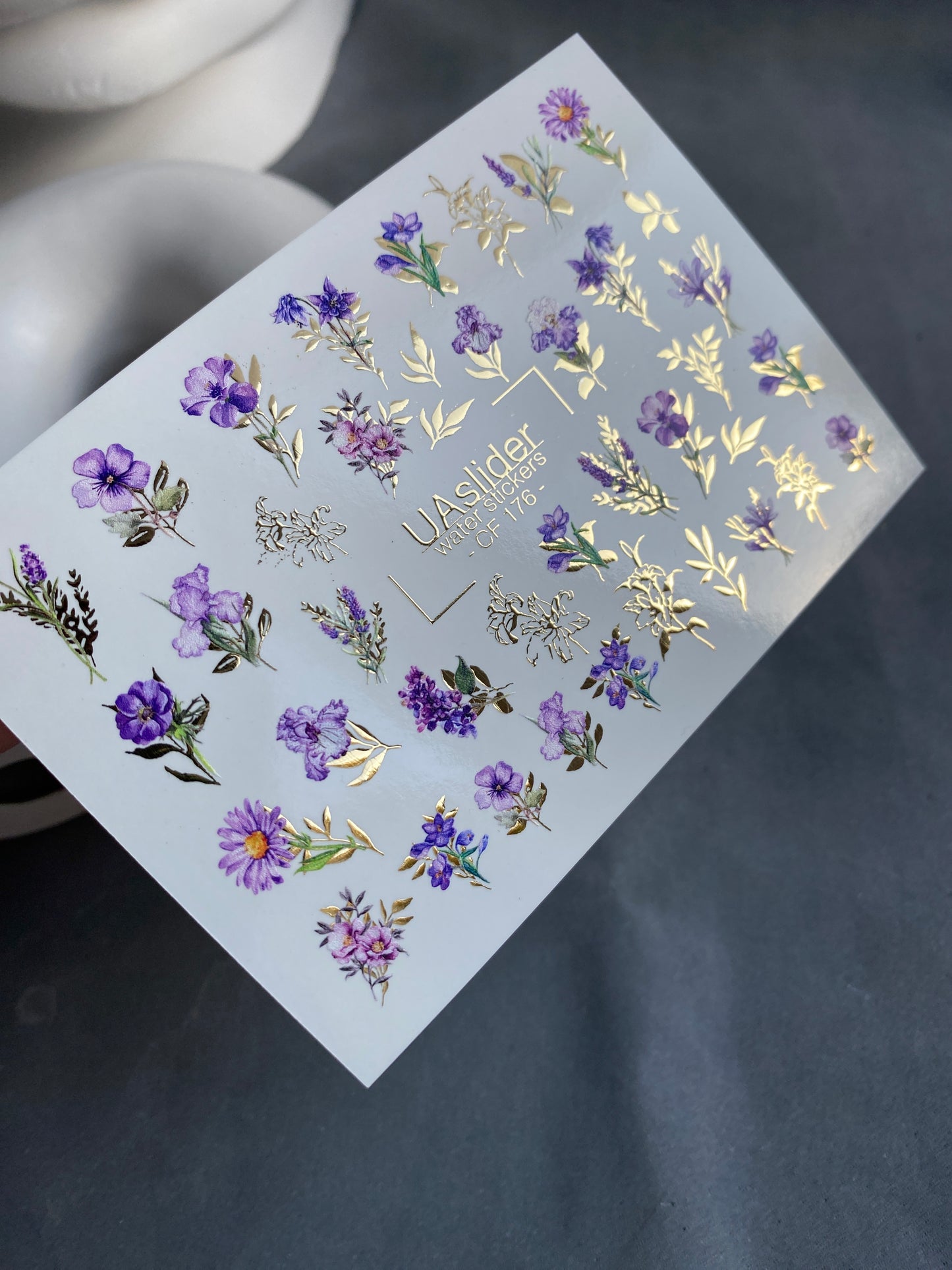 Nail Water Decal CF-176 | Purple Wildflower Nail Water Decals | Elegant Bouquets with Golden Accents  UA Title