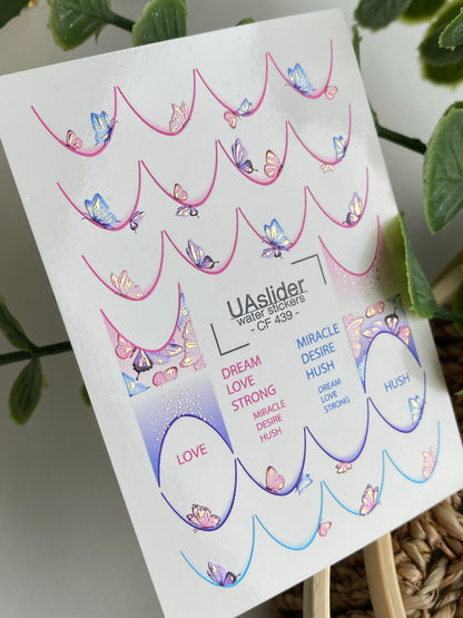 Nagų vandens lipdukas CF-439 | Drugelio prancūziško stiliaus nagų lipdukai | Svajingas gradientinis vandens slankiojantys lipdukai