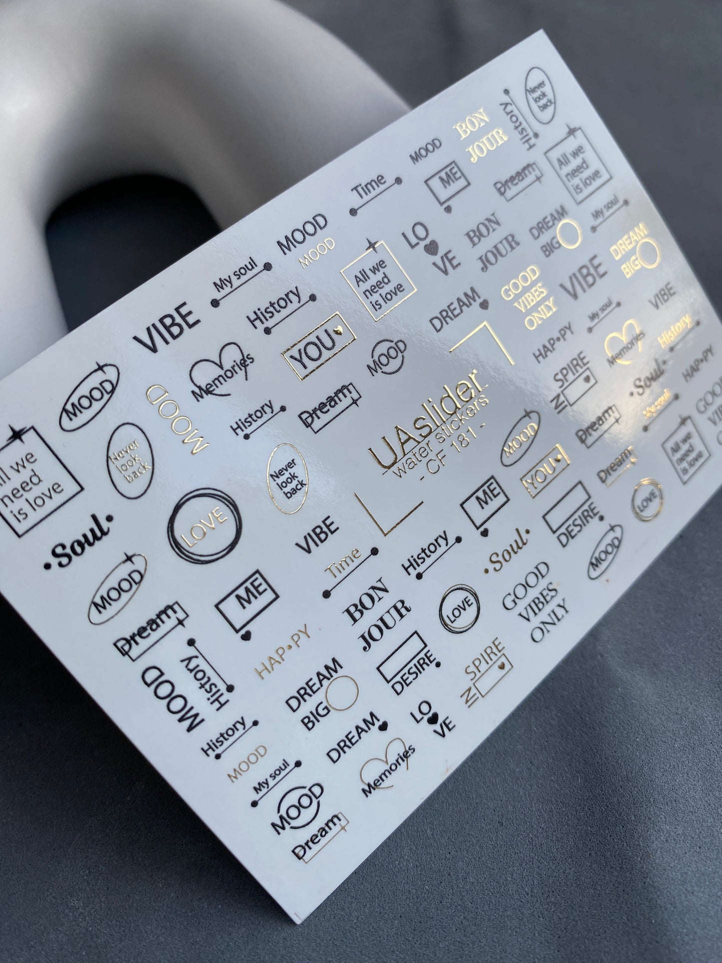 Nail Water Decal CF-181 | Minimalist Nail Water Decals | Typography & Quotes in Black and Gold