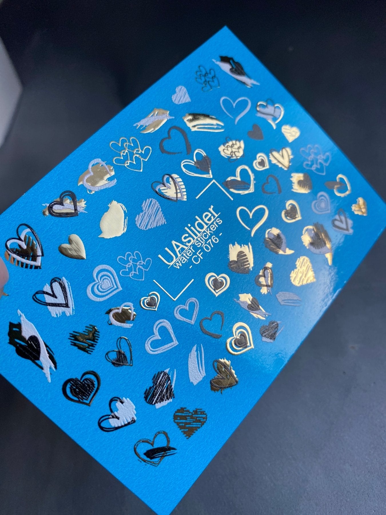 Nail Water Decal CF-076 | Valentine’s Day Nail Art Water Decals | Blue, Black and Gold Hearts - UASLIDER