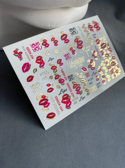 Nálepka na nehty CF-150 | Kiss Print vodní obtisky na nehty | Červené rty, milostné citáty a zlatá fólie