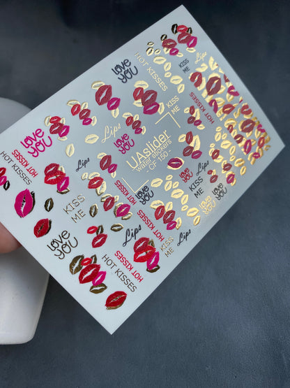 Nálepka na nehty CF-150 | Kiss Print vodní obtisky na nehty | Červené rty, milostné citáty a zlatá fólie
