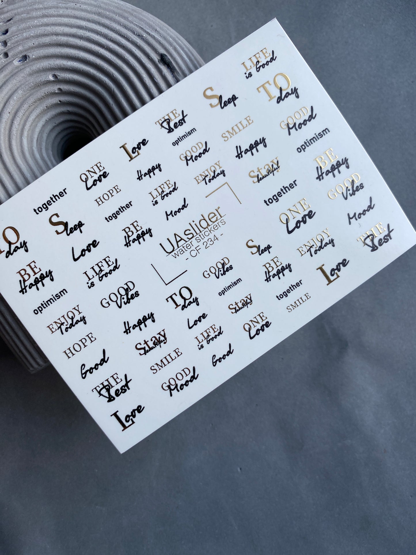 Vodní nálepky na nehty CF-234 | Vodní nálepky na nehty s písmeny | Pozitivní citáty a zlaté detaily