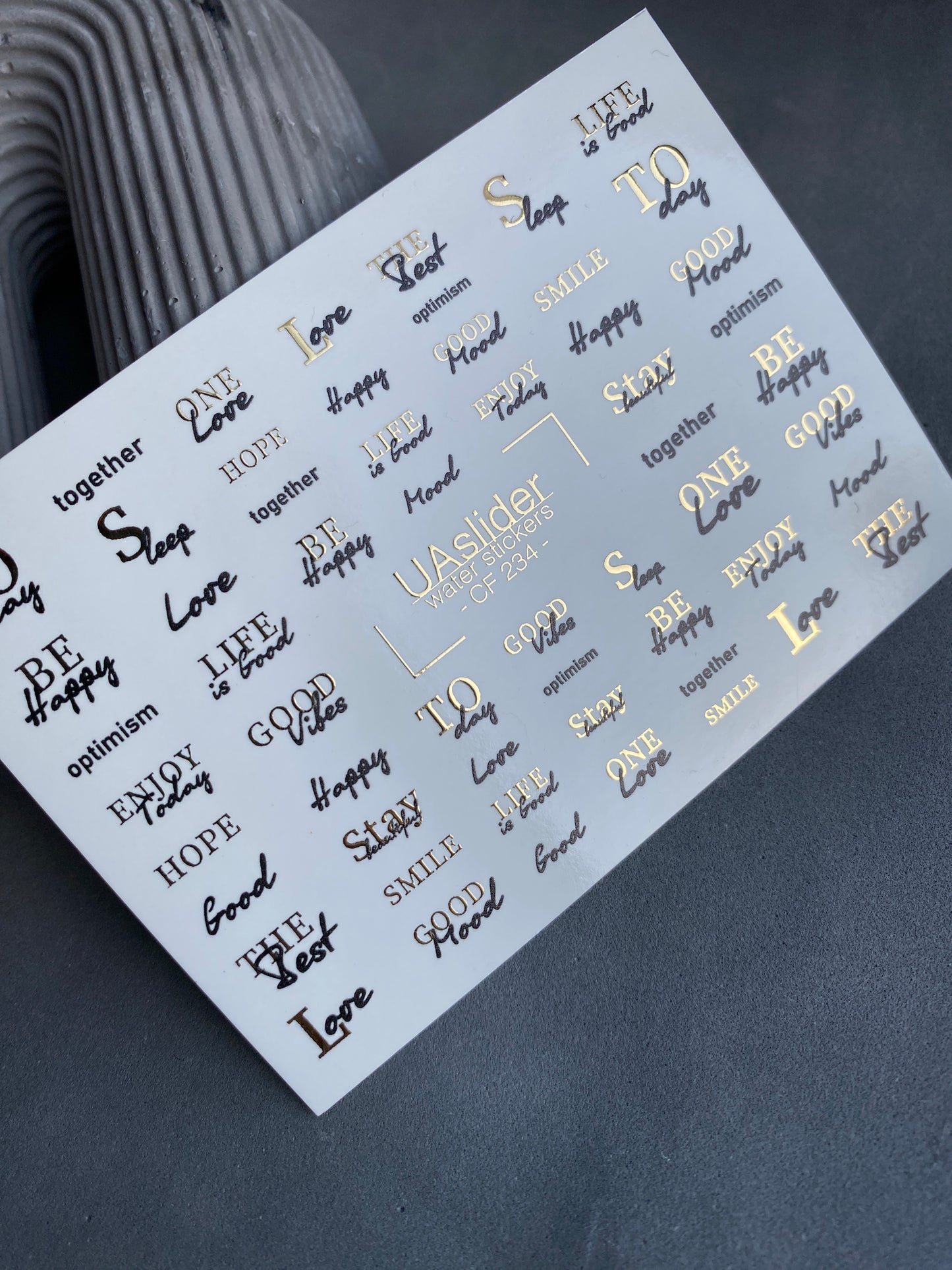 Vodní nálepky na nehty CF-234 | Vodní nálepky na nehty s písmeny | Pozitivní citáty a zlaté detaily