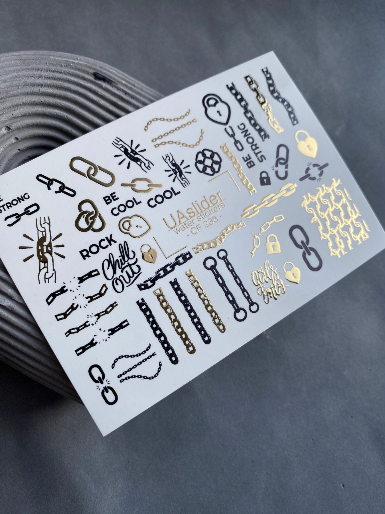 Nail Water Decal CF-238 | Chain Water Slide Nail Decals | Rock Style with Gold & Black Details - UASLIDER