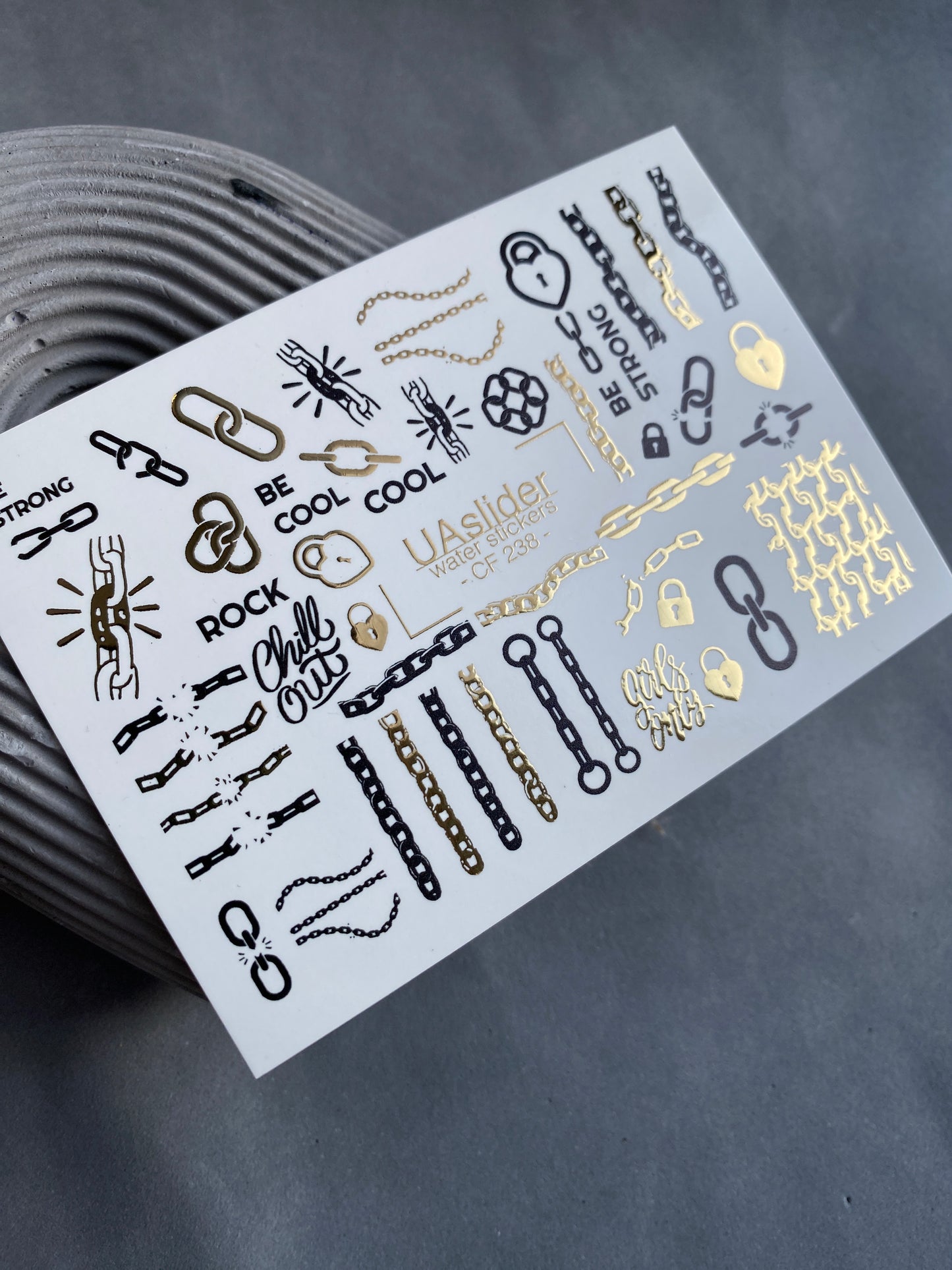 Nail Water Decal CF-238 | Chain Water Slide Nail Decals | Rock Style with Gold & Black Details