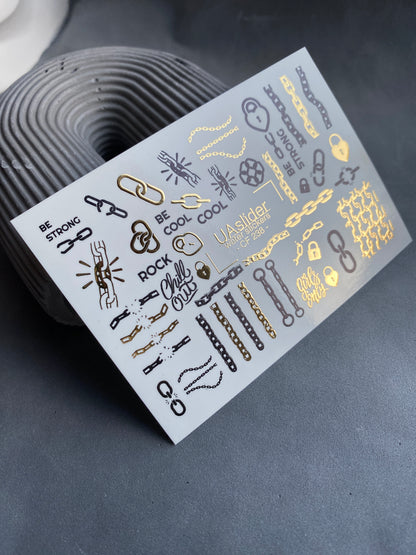 Nail Water Decal CF-238 | Chain Water Slide Nail Decals | Rock Style with Gold & Black Details