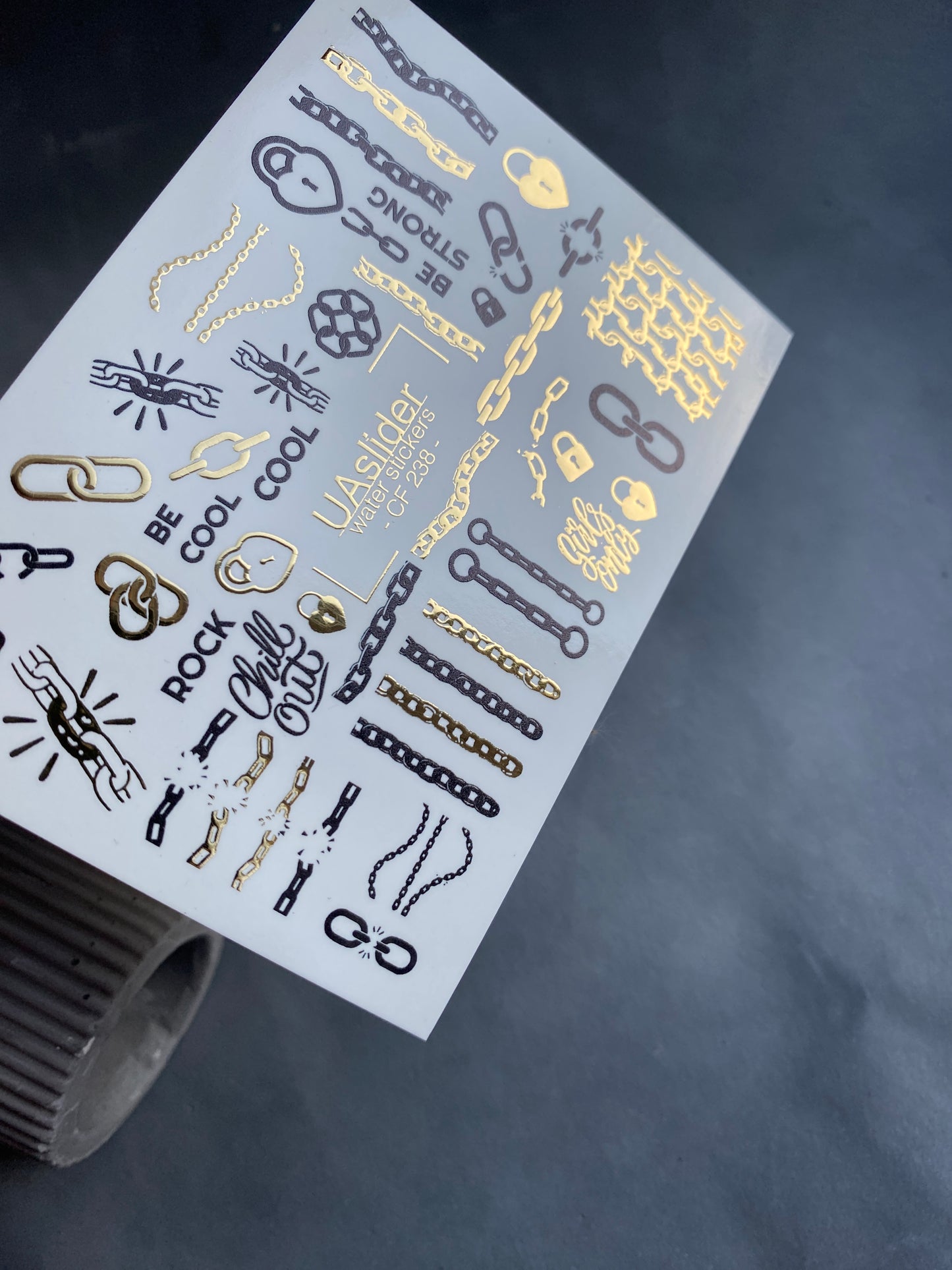 Nail Water Decal CF-238 | Chain Water Slide Nail Decals | Rock Style with Gold & Black Details