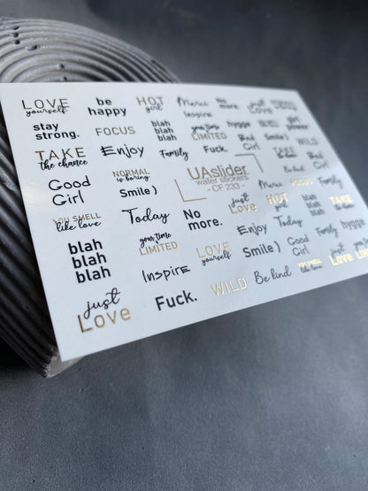 Nail Water Decal CF-233 | Minimalist Lettering Water Slide Nail Decals | Modern Quotes & Gold Details