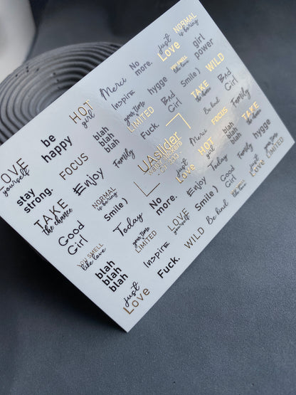 Nail Water Decal CF-233 | Minimalist Lettering Water Slide Nail Decals | Modern Quotes & Gold Details