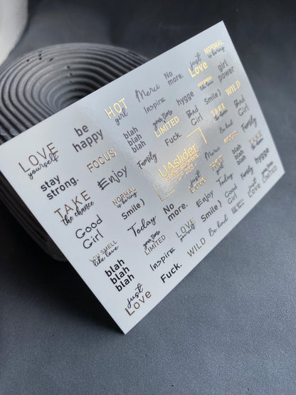 Nail Water Decal CF-233 | Minimalist Lettering Water Slide Nail Decals | Modern Quotes & Gold Details