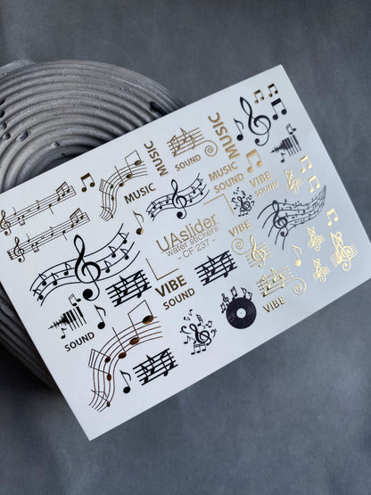 Nail Water Decal CF-237 | Music Water Slide Nail Decals | Notes, Sound & Gold Accents