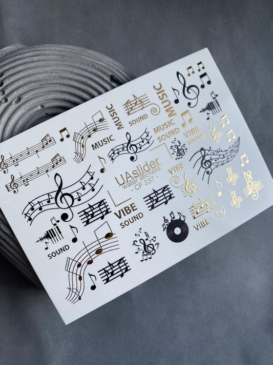 Nail Water Decal CF-237 | Music Water Slide Nail Decals | Notes, Sound & Gold Accents