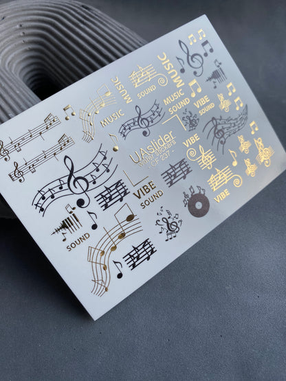 Nail Water Decal CF-237 | Music Water Slide Nail Decals | Notes, Sound & Gold Accents