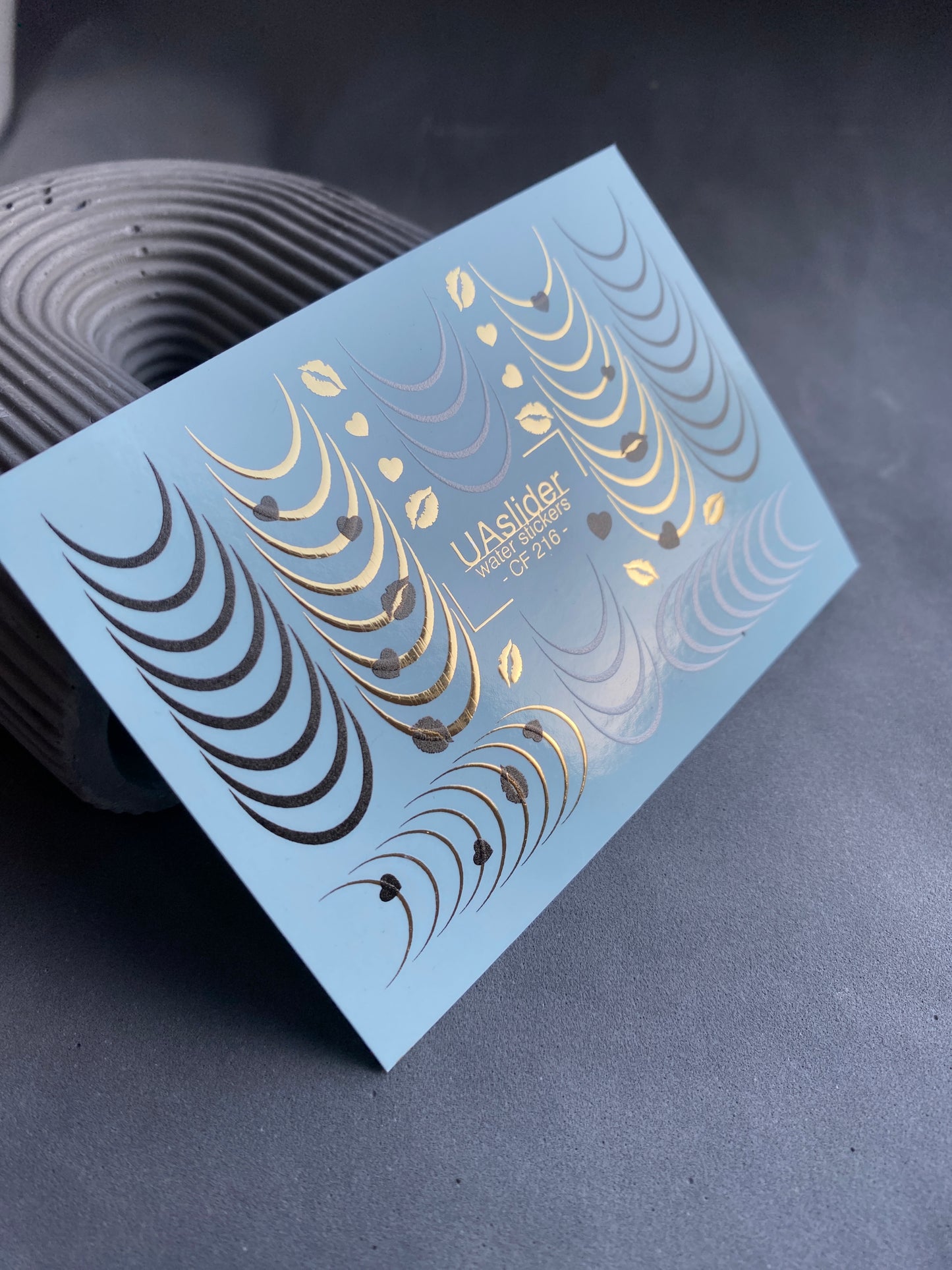 Nail Water Decal CF-216 | French Water Slide Nail Decals | Black & Gold Lines with Hearts