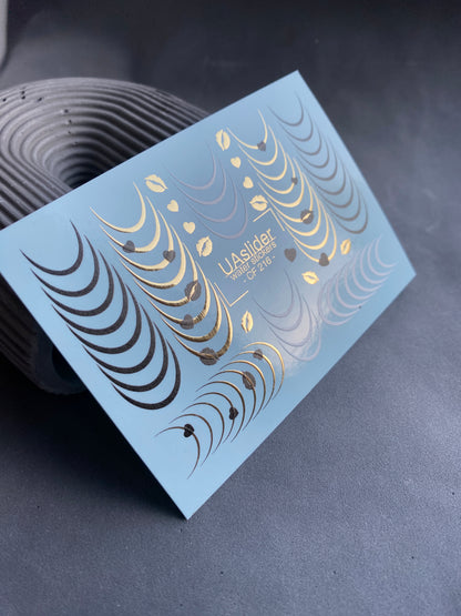 Nail Water Decal CF-216 | French Water Slide Nail Decals | Black & Gold Lines with Hearts