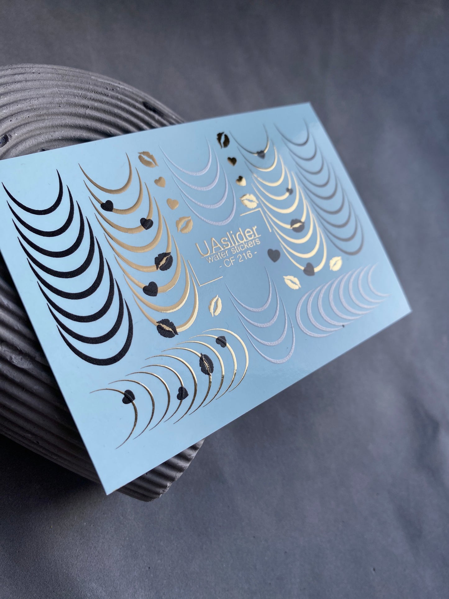 Nail Water Decal CF-216 | French Water Slide Nail Decals | Black & Gold Lines with Hearts