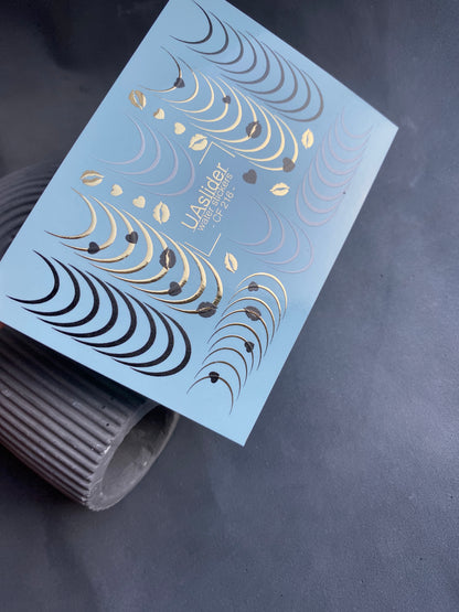 Nail Water Decal CF-216 | French Water Slide Nail Decals | Black & Gold Lines with Hearts