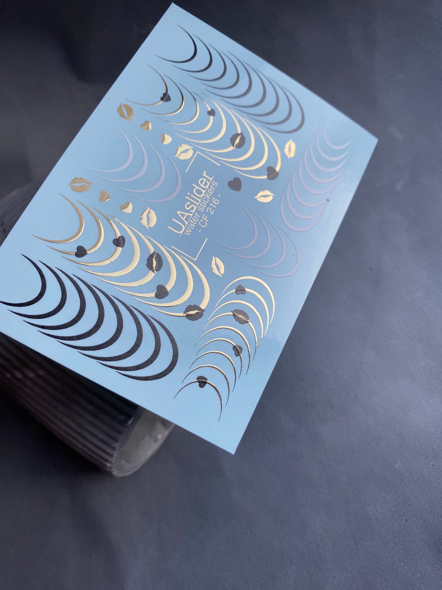 Nail Water Decal CF-216 | French Water Slide Nail Decals | Black & Gold Lines with Hearts