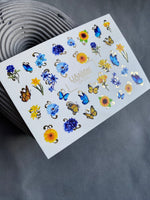 Nail Water Decal CF-214 | Floral & Butterfly Water Slide Nail Decals | Blue Flowers & Sunflowers - UASLIDER