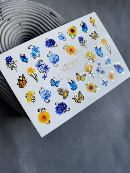 Nail Water Decal CF-214 | Floral & Butterfly Water Slide Nail Decals | Blue Flowers & Sunflowers