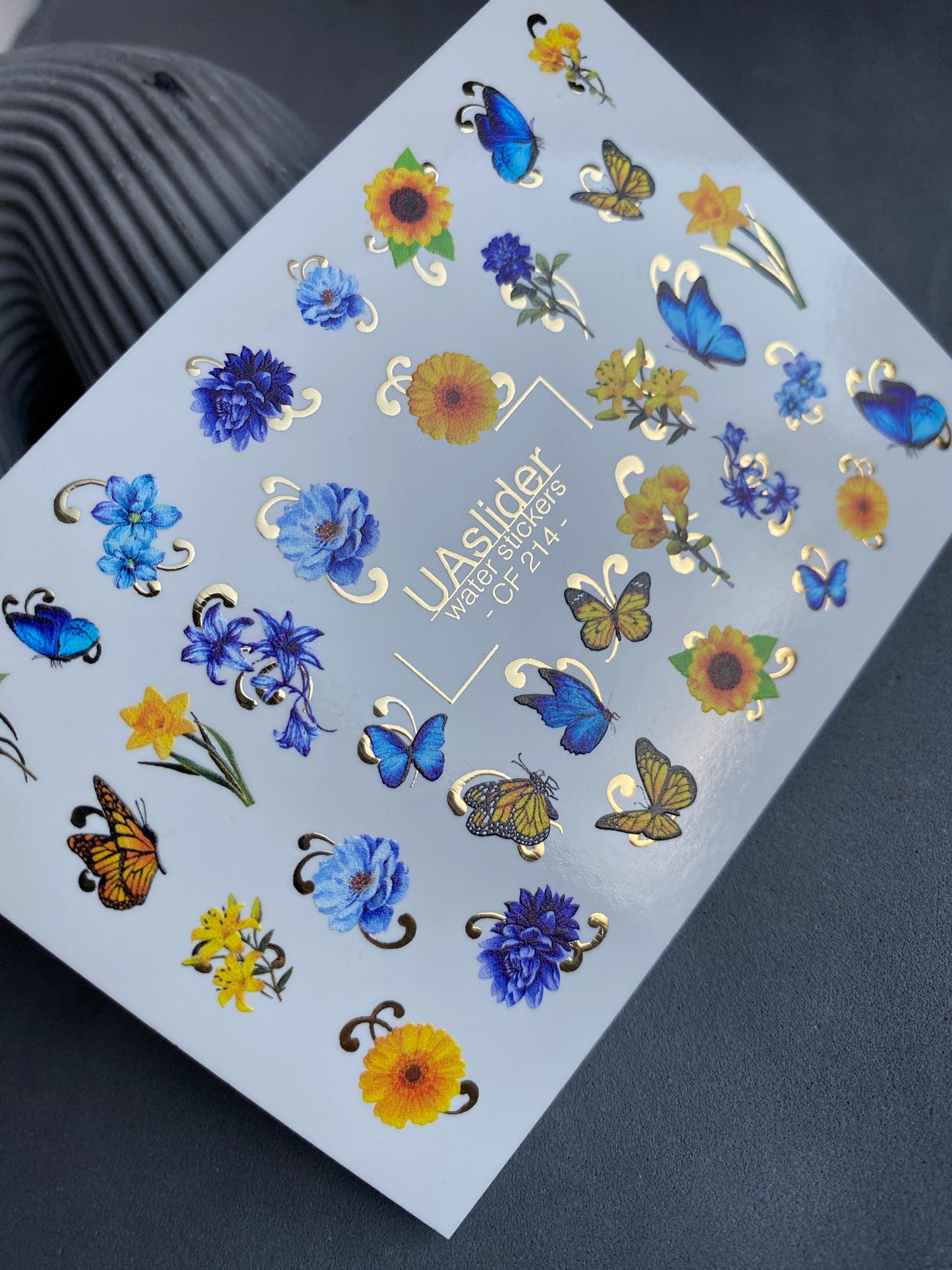 Nail Water Decal CF-214 | Floral & Butterfly Water Slide Nail Decals | Blue Flowers & Sunflowers