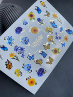 Nail Water Decal CF-214 | Floral & Butterfly Water Slide Nail Decals | Blue Flowers & Sunflowers - UASLIDER