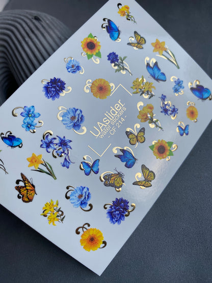 Nail Water Decal CF-214 | Floral & Butterfly Water Slide Nail Decals | Blue Flowers & Sunflowers