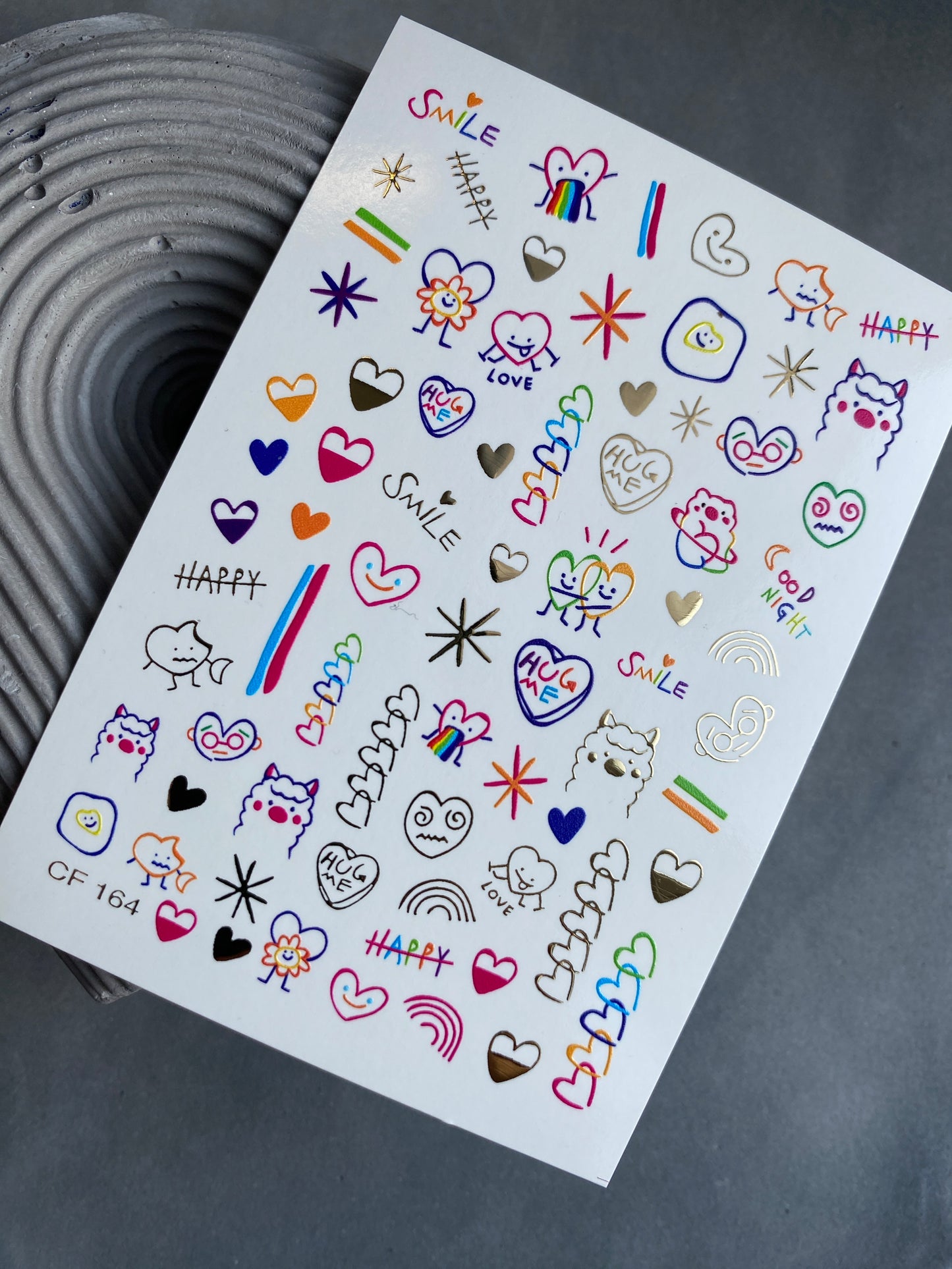 Nail Water Decal CF-164 | Cute Nail Art Water Decals | Colorful Doodles, Hearts, Rainbows & Fun Characters