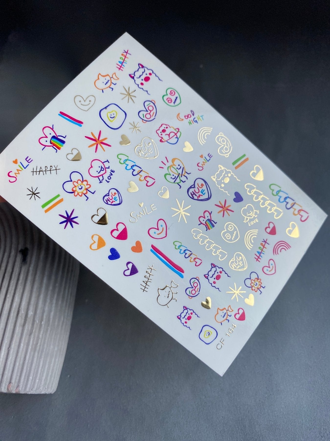Nail Water Decal CF-164 | Cute Nail Art Water Decals | Colorful Doodles, Hearts, Rainbows & Fun Characters - UASLIDER