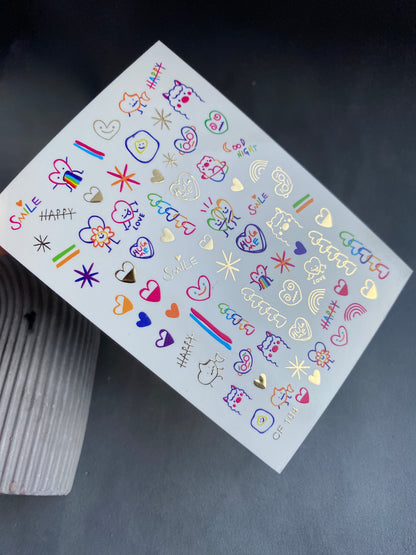 Nail Water Decal CF-164 | Cute Nail Art Water Decals | Colorful Doodles, Hearts, Rainbows & Fun Characters