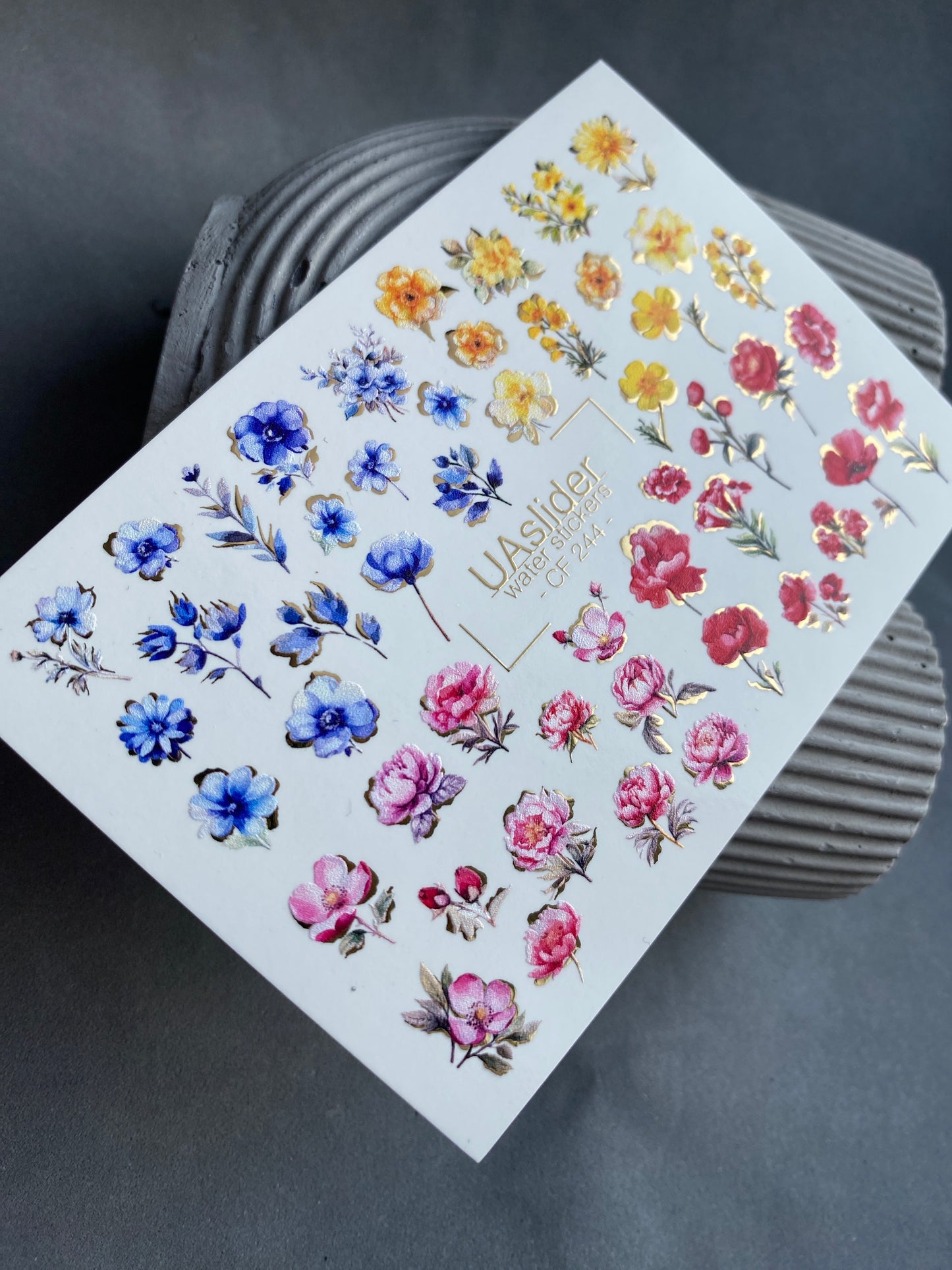 Nail Water Decal CF-244 | Colorful Floral Water Slide Nail Decals | Red, Blue & Yellow Flowers with Gold