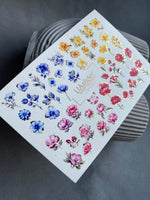Nail Water Decal CF-244 | Colorful Floral Water Slide Nail Decals | Red, Blue & Yellow Flowers with Gold - UASLIDER