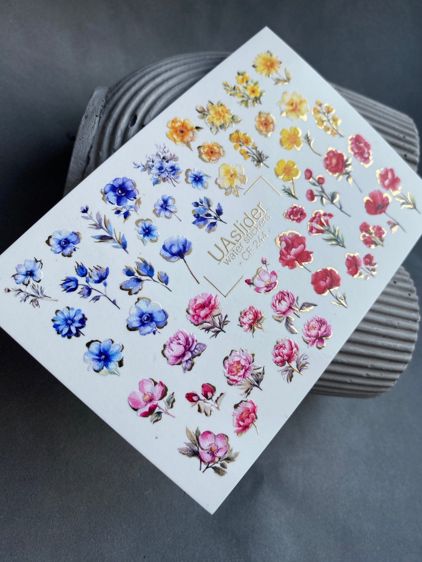 Nail Water Decal CF-244 | Colorful Floral Water Slide Nail Decals | Red, Blue & Yellow Flowers with Gold - UASLIDER