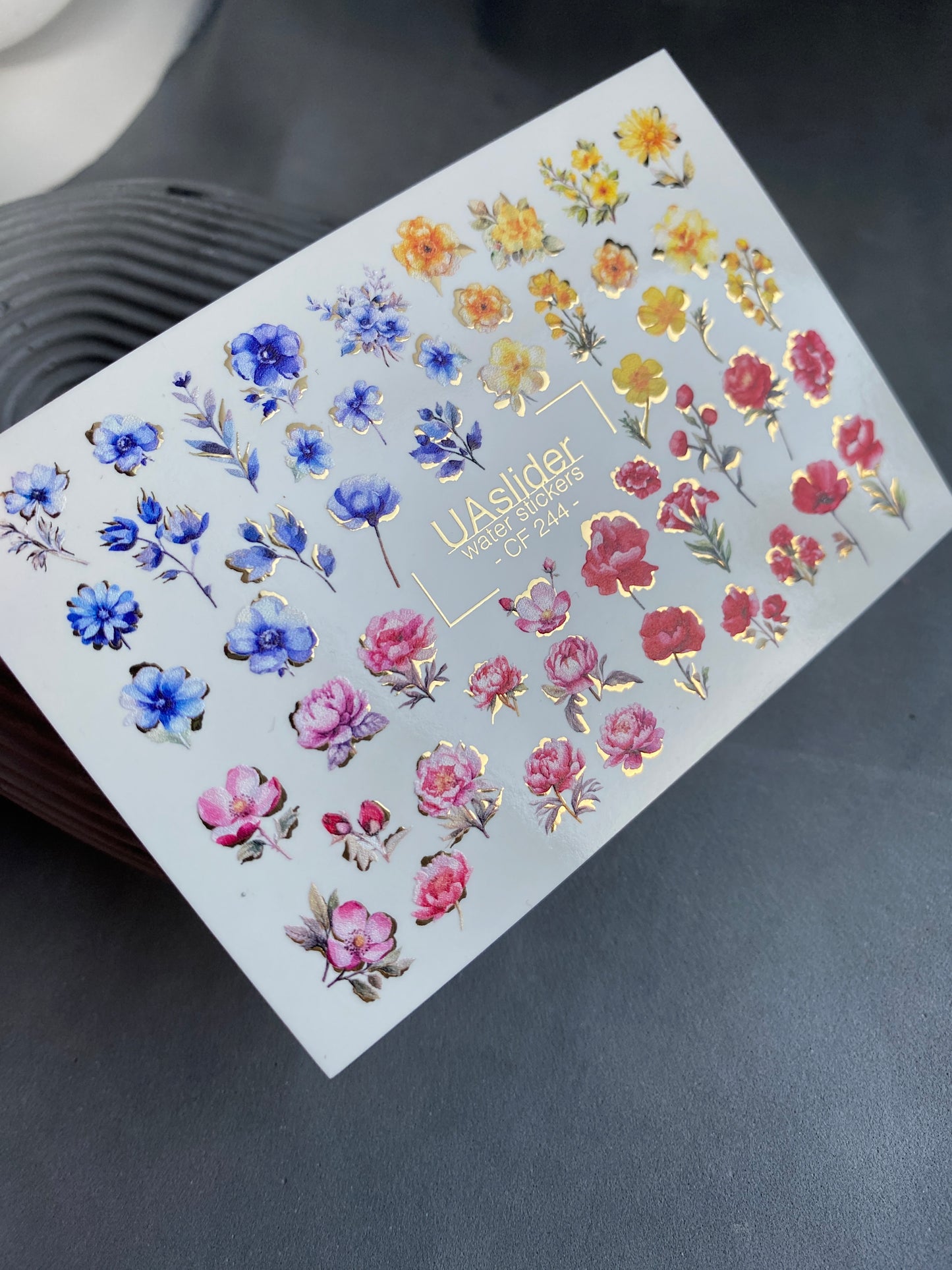 Nail Water Decal CF-244 | Colorful Floral Water Slide Nail Decals | Red, Blue & Yellow Flowers with Gold