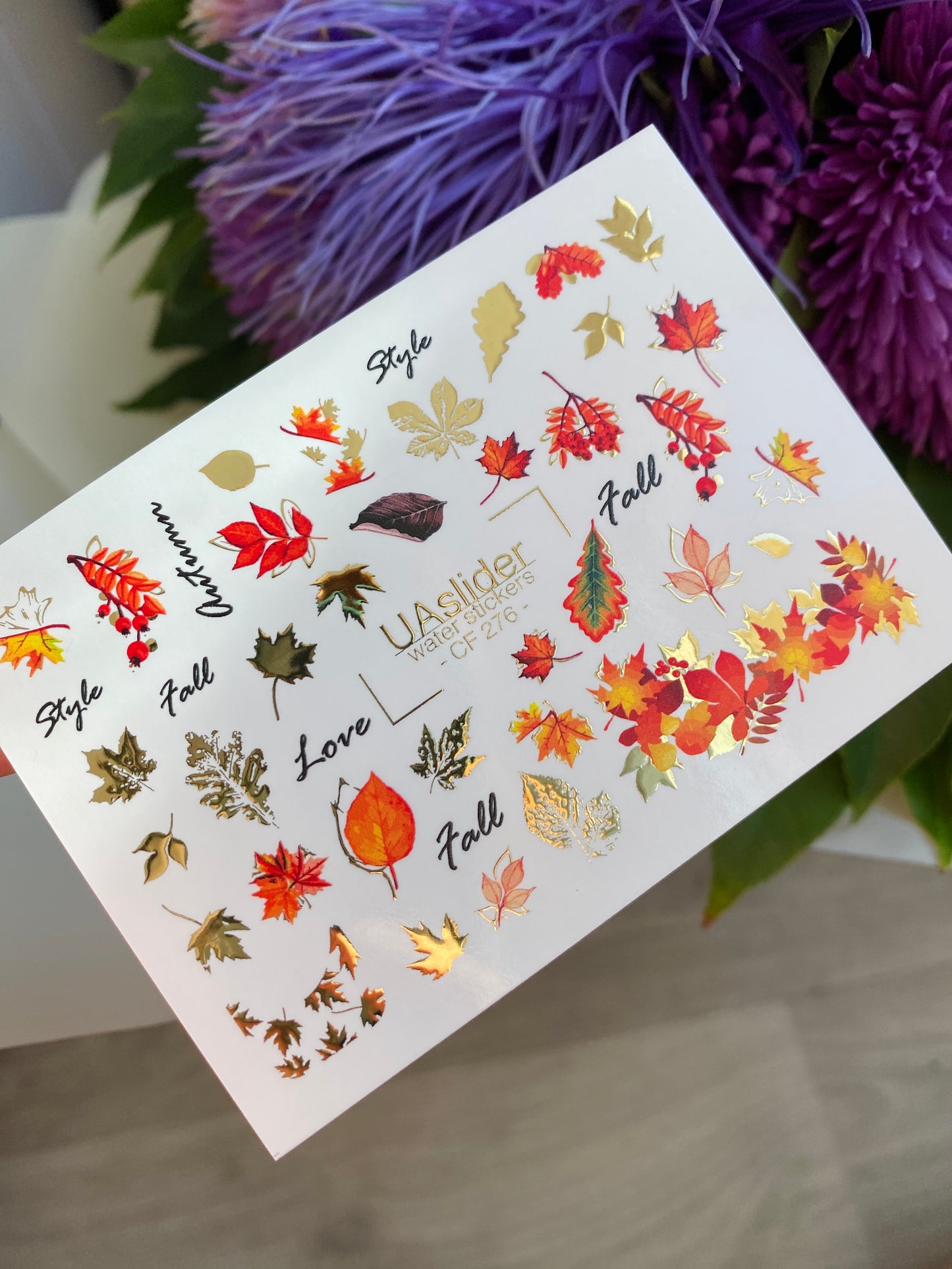 Nail Water Decal CF-276 | Autumn Water Slide Nail Decals | Fall Leaves, Gold Accents & Seasonal Quotes