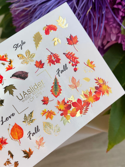 Nail Water Decal CF-276 | Autumn Water Slide Nail Decals | Fall Leaves, Gold Accents & Seasonal Quotes